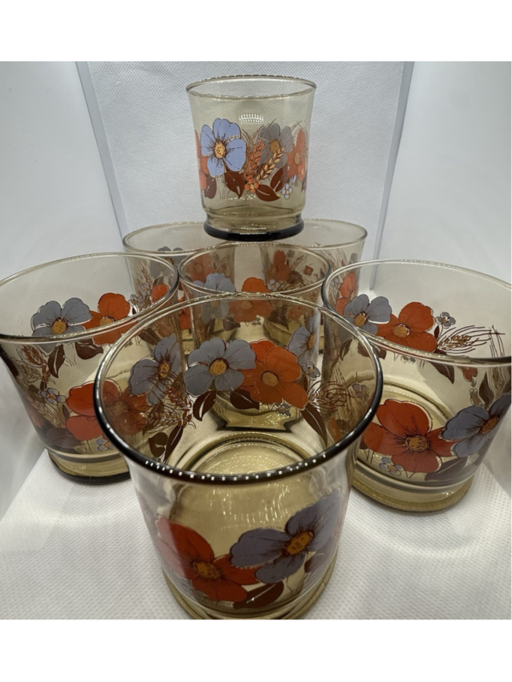 Vintage Amber Floral and Wheat Juice Glasses Lot Of 7